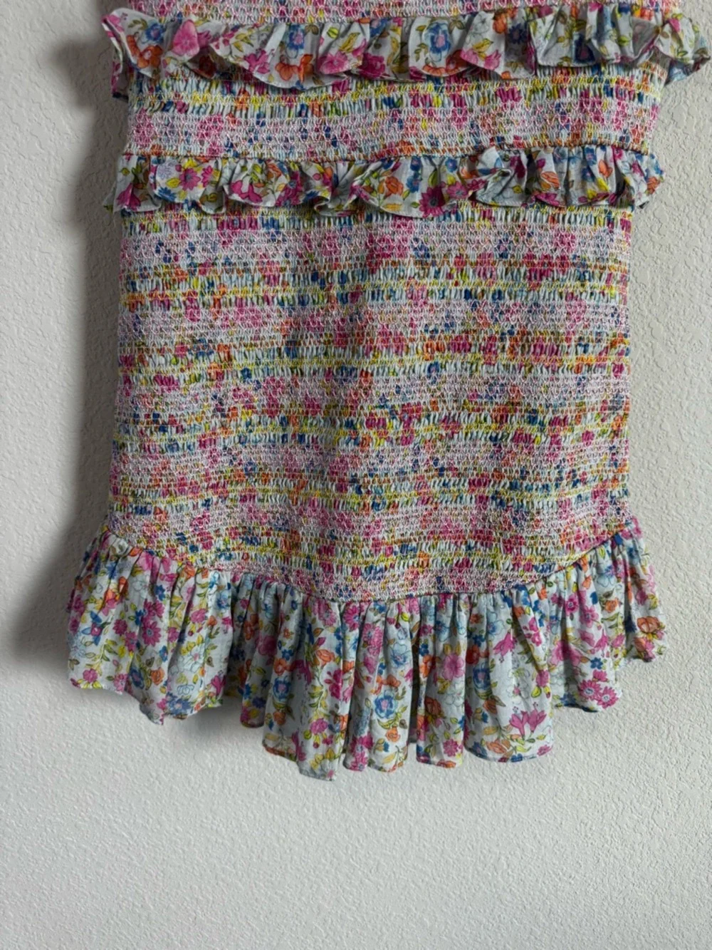 LoveShackFancy Sonora Floral Smocked Ruffle Mini Dress in Coral Reef Waves Sz L - Picture 10 of 11